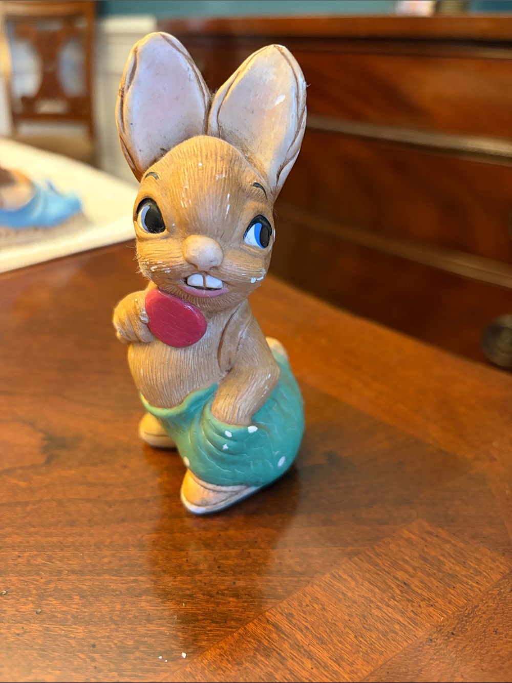 Hand-Painted Bunny Figurine in Brown, Green and Pink